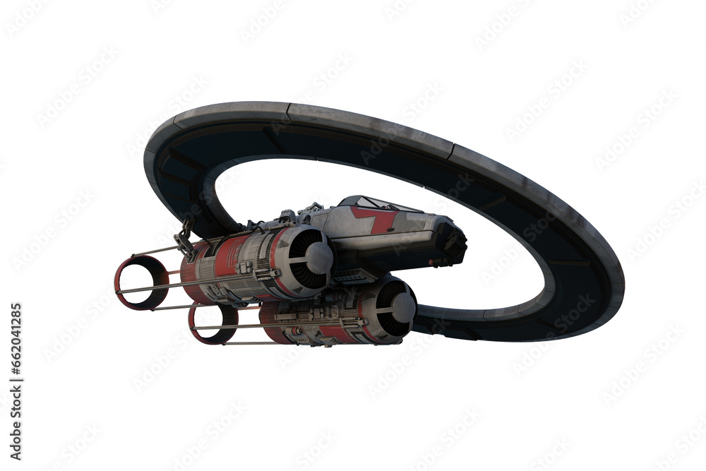 Poster sci-fi fantasy space ship in flight viewed from below front. 3d illustration.