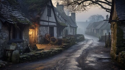 Fototapeta na wymiar A foggy morning in a quaint village
