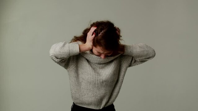 A teenage girl is stressed, fed up and tired of listening to her parents scandals. A young woman teacher screams and covers ears due to unbearable annoying noise of children. Emotions of despair and
