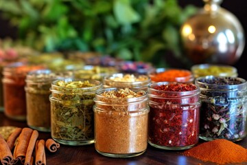 Spices and herbs in glass jars on a wooden background. Selective focus.
