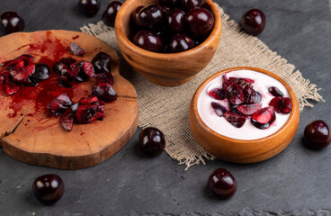 fresh cow's milk yogurt with cherry berries, dairy products