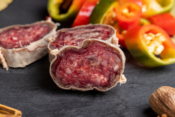 Unpeeled sliced salami using beef meat with spices