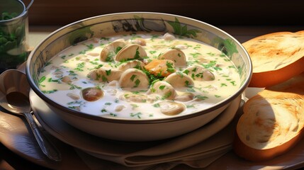 A bowl of creamy clam chowder, filled with plump clams and hearty chunks of potatoes.