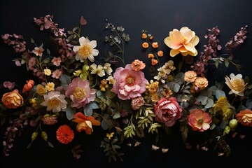 Obraz na płótnie Canvas Organized flowers on dark background. Generative AI
