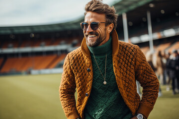 Portrait of a handsome football player in orange jacket on the football field - obrazy, fototapety, plakaty