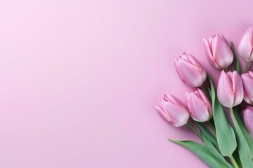 Pattern of tulips in pink with copy space for Easter celebration. Generative AI