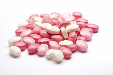 Obraz na płótnie Canvas Heart-shaped pink prenatal vitamins symbolize healthy pregnancy and motherhood, depicted as multivitamin pills on a white background. Generative AI
