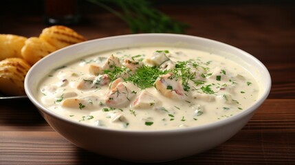 A bowl of creamy seafood chowder, brimming with chunks of fish, shrimp, and potatoes.