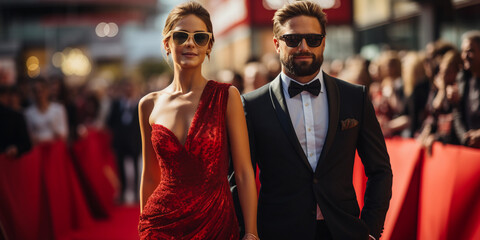 Portrait of beautiful girl in red dress and handsome man in black suit posing on red carpet