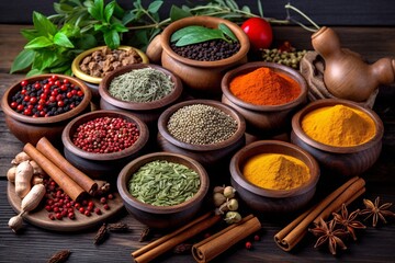 Spices and herbs in wooden bowls. Food and cuisine ingredients.