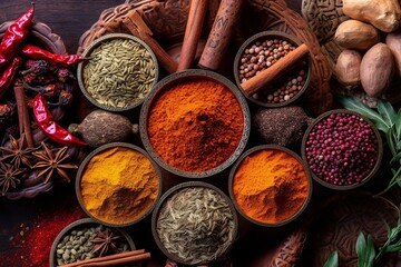 Variety of spices and herbs on rustic background, top view