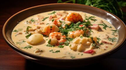 A bowl of creamy seafood chowder, brimming with chunks of fish, shrimp, and potatoes.