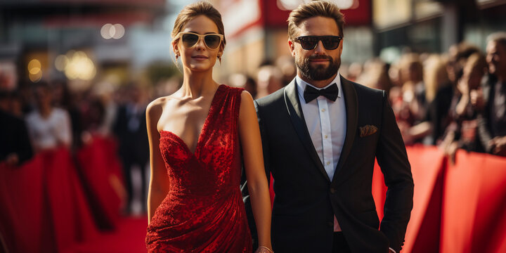 Portrait of beautiful girl in red dress and handsome man in black suit posing on red carpet