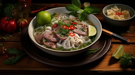 A bowl of pho, with thin slices of beef, rice noodles, and fresh herbs in a fragrant broth.