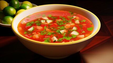 A bowl of refreshing gazpacho, filled with diced tomatoes, cucumbers, bell peppers, and a hint of cilantro.