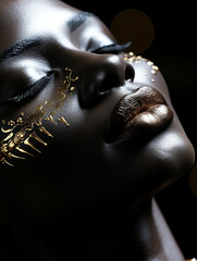 Wunderschönes Gesicht einer Afroamerikanischen Frau mit leuchtenden goldenen Applikationen für Kosmetik als Poster Nahaufnahme Querformat für Banner, ai generativ