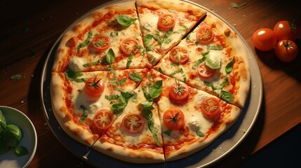 A classic Margherita pizza, with melted mozzarella, fresh tomatoes, and basil leaves.