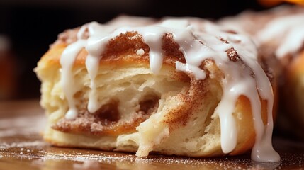 A close-up of a freshly baked cinnamon roll, with layers of gooey cinnamon sugar and cream cheese...
