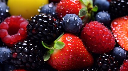A close-up of a rainbow of fresh berries, glistening with juiciness.