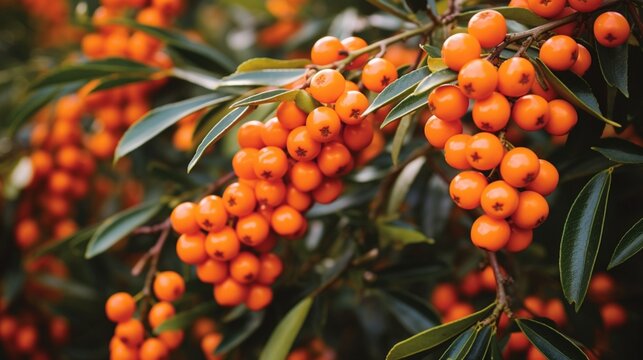 Close-up of a firethorn shrub with orange berries.