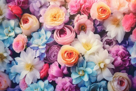 Colorful blooming flowers creating a beautiful spring background. Generative AI