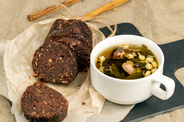 chocolate mass made from butter with the addition of cocoa and peanuts with cookies