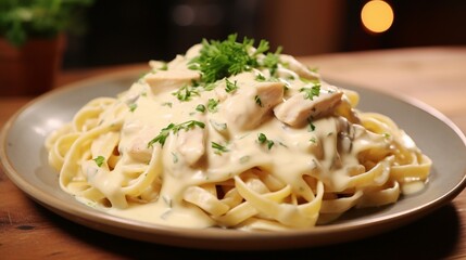A plate of chicken Alfredo pasta, with creamy Alfredo sauce coating each strand of fettuccine.
