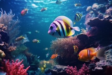 Naklejka na ściany i meble Life of the underwater world. Colorful tropical fish. Animals in the coral reef. Ecosystem. Underwater panoramic view. Generative AI