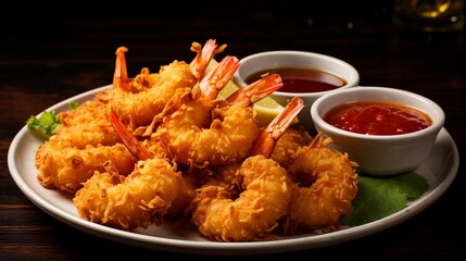 A plate of crispy coconut shrimp, served with a tangy sweet chili dipping sauce.