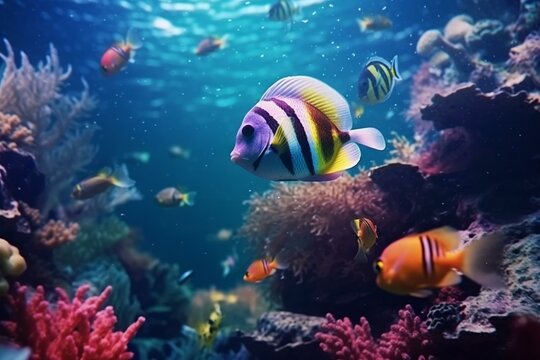 Life of the underwater world. Colorful tropical fish. Animals in the coral reef. Ecosystem. Underwater panoramic view. Generative AI