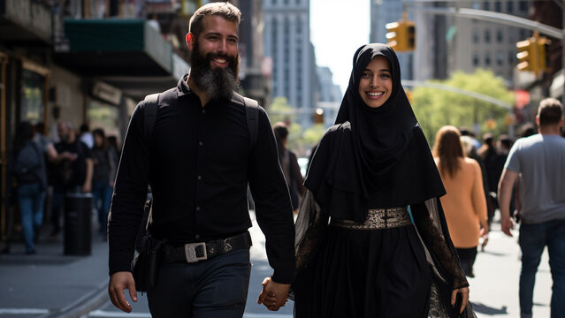 A white man and an Arab woman wearing a burka are walking down the street holding hands.