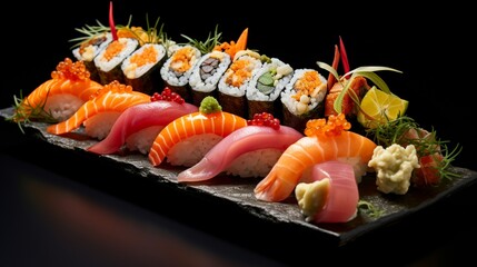 A platter of assorted sushi nigiri, showcasing delicate slices of fish atop small beds of rice.