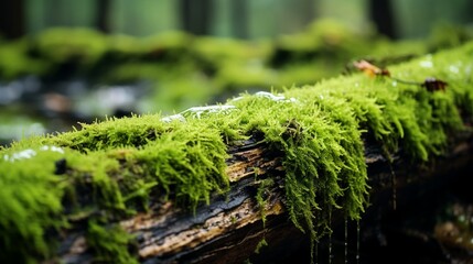 Close-up of moss growing on a log in a damp forest.