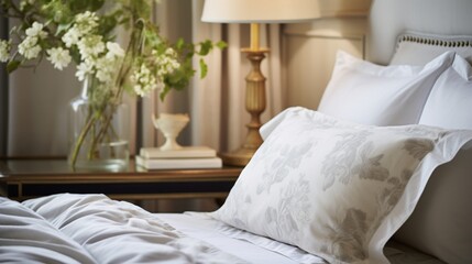 Close-up of percale fabric in a classic bedroom setting.
