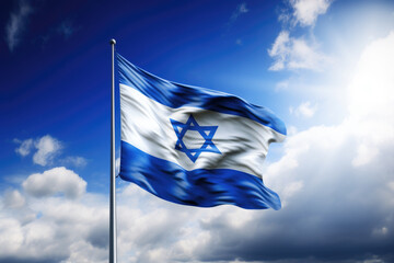 Israeli flag with a star of David cloudy sky background