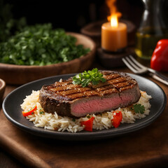 NY Strip Steak Pizzaiola with Rice and Roasted Bell Peppers - A Savory Italian Feast