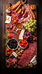 Charcuterie board on a rustic wooden background.