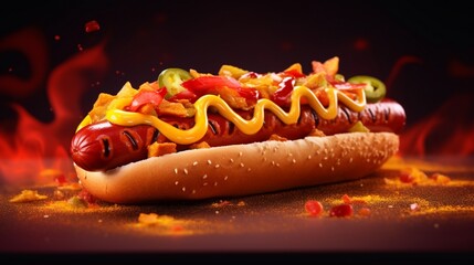 Close-up of hyper-realistic hot dog with diverse toppings on a bold red background.