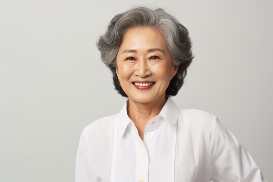 Beautiful stylish elderly woman with grey hair in white blouse