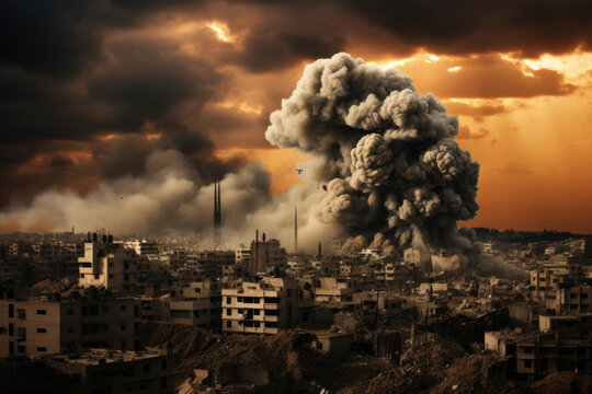Airstrike on the city, burning houses