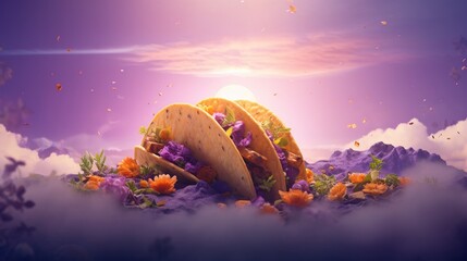 Meticulously crafted taco on a dreamy lavender background.