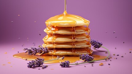 Pancakes dripping with syrup on a lavender background.