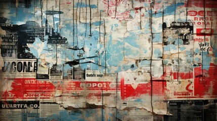 Craft a distressed and vintage abstract background with torn posters and graffiti.