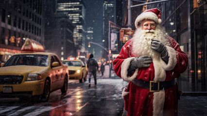 Santa and Rudolph appear on the streets of the city on a winter night during Christmas