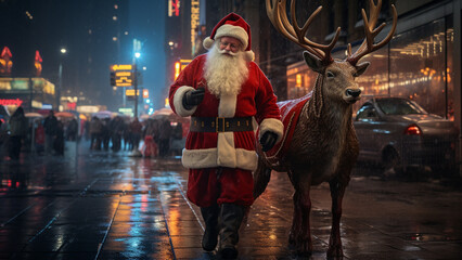 Santa and Rudolph appear on the streets of the city on a winter night during Christmas