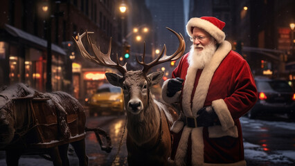Santa and Rudolph appear on the streets of the city on a winter night during Christmas