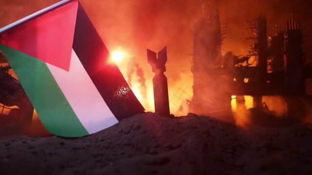 Conflict between Israel and Palestine concept. Burning and destroyed city by war. Concept of crisis of war creative decoration. Selective focus