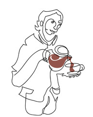 One line drawing of hold pot pour aroma coffee cup.
One continuous line drawing of man preparing coffee..
