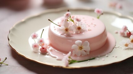 Fototapeta na wymiar Panna cotta infused with delicate cherry blossom flavor, adorned with edible blossoms on a blush pink plate.