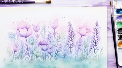 Craft a whimsical watercolor background reminiscent of a watercolor dreamland with lavender and mint.